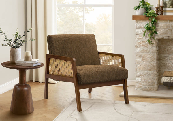 Accent Chair with Woven Side Panels Walnut Legs Brown Fabric Mid-century Living Room