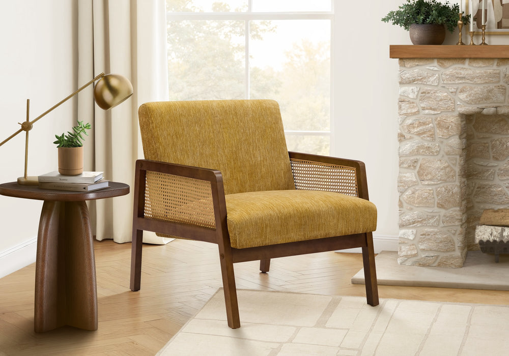 Monarch Specialties Accent Chair with Walnut Legs Gold Fabric Cane Panels for Living Room or Bedroom I 8338