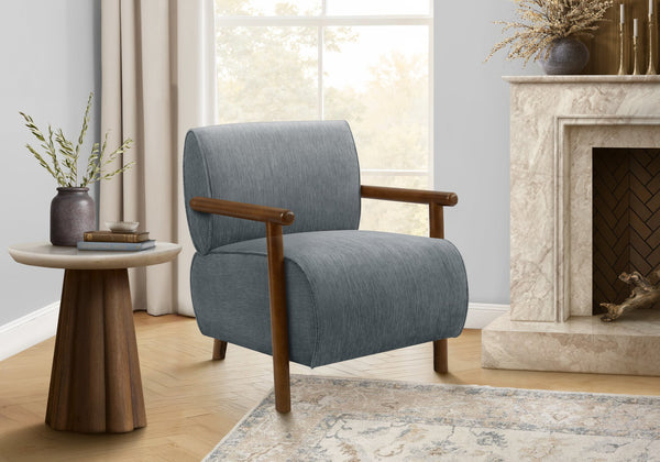 Accent Chair Upholstered Blue Fabric Walnut Legs Mid Century Modern for Living Room Bedroom