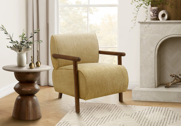 Accent Chair Mid Century Modern Gold Fabric Walnut Legs Upholstered Living Room Seat