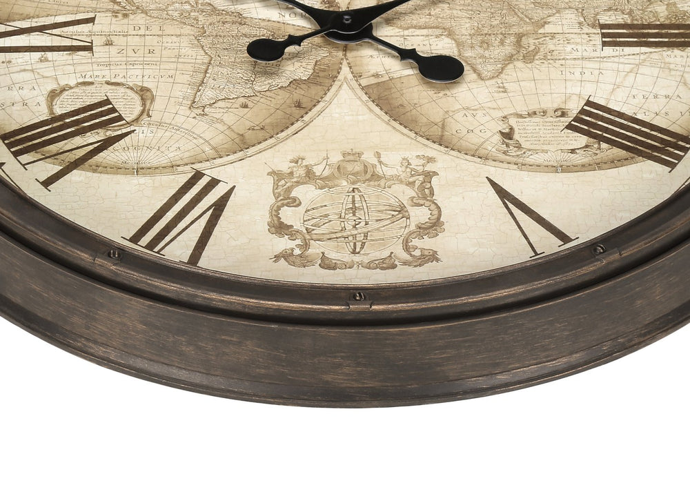 Monarch Specialties Clocks, 20" Antique Brown Wall Clock with Roman Numerals & Old-World Map – Timeless Elegance! Default Title  
