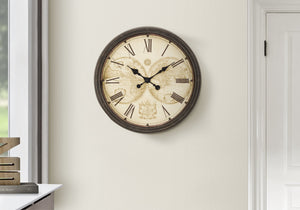 Monarch Specialties Clocks, 20" Antique Brown Wall Clock with Roman Numerals & Old-World Map – Timeless Elegance! Default Title  