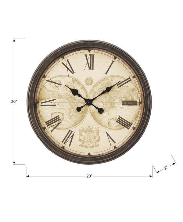 Monarch Specialties Clocks, 20" Antique Brown Wall Clock with Roman Numerals & Old-World Map – Timeless Elegance! Default Title  
