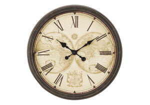 Monarch Specialties Clocks, 20" Antique Brown Wall Clock with Roman Numerals & Old-World Map – Timeless Elegance! Default Title  