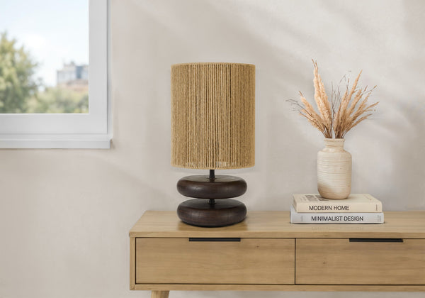 Lighting, Sculptural Resin Base Table Lamp with Woven Rope Shade for Warm Ambiance