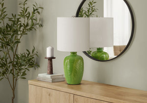 Lighting, Contemporary Green Ceramic Table Lamp with Leaf Texture and White Fabric Shade