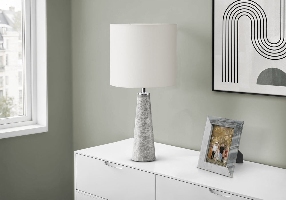 Monarch Specialties Lighting, Grey Marble Base Table Lamp White Fabric Shade Contemporary Living Room Accent I 9414