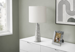 Lighting, Grey Marble Base Table Lamp White Fabric Shade Contemporary Living Room Accent