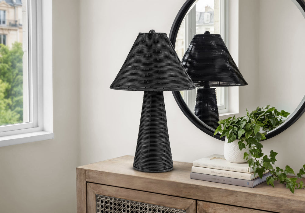 Monarch Specialties Lighting, Black Rattan Woven Table Lamp with Empire Shade for Boho Living Spaces I 9415