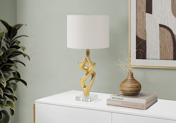Lighting, Gold Resin Twisted Sculptural Table Lamp with Ivory Linen Shade for Modern Decor
