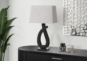Lighting, Sculptural Matte Black Resin Base Table Lamp with Grey Linen Shade Modern