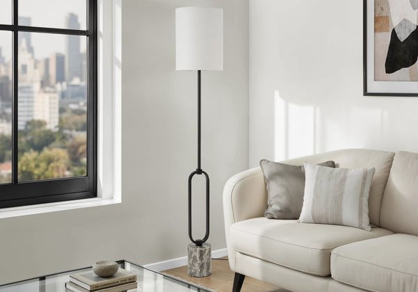 Lighting, 64in Contemporary Floor Lamp Black Metal Stem Ivory Linen Drum Shade Living Room