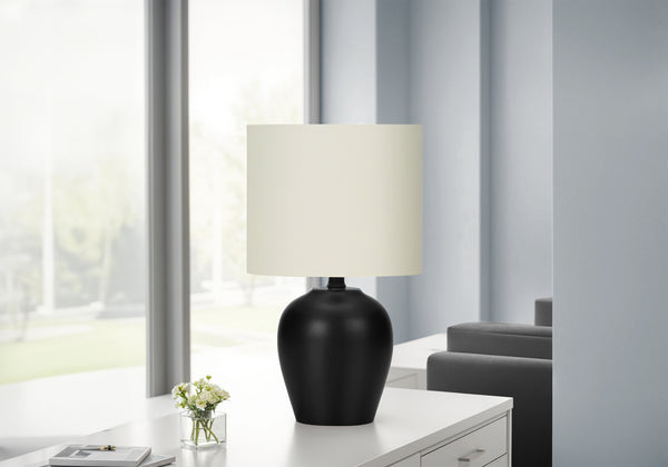 Monarch Specialties Lighting, Stylish 17" Table Lamp with Ceramic Base and Elegant Drum Shade for Home or Office Décor BLACK,IVORY 9.5 L x 9.5 W x 16.5 H I 9738