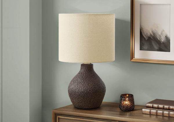 Monarch Specialties Lighting, Stylish 16" Table Lamp with Textured Resin Base and Chic Linen Blend Shade for Home Décor BROWN,BEIGE 9.5 L x 9.5 W x 16.25 H 
