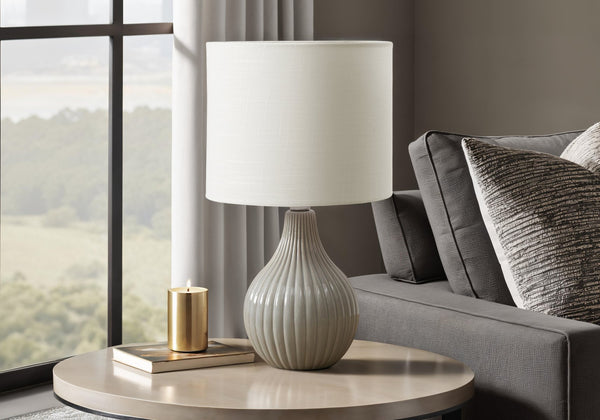 Monarch Specialties Lighting, 17" Glossy Ceramic Table Lamp with Ivory Shade - Contemporary Elegance for Any Room GREY,IVORY 9.5 L x 9.5 W x 17 H 