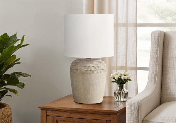 Monarch Specialties Lighting, Elegant 17" Table Lamp with Textured Ceramic Base and Modern Fabric Shade for Stylish Ambiance BEIGE,IVORY 9.5 L x 9.5 W x 17 H 