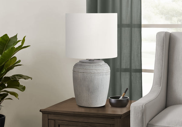 Monarch Specialties Lighting, Elegant 17" Table Lamp with Textured Ceramic Base and Modern Fabric Shade for Stylish Ambiance GREY,IVORY 9.5 L x 9.5 W x 17 H 