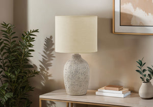 Monarch Specialties Lighting, 18" Contemporary Table Lamp with Textured Ceramic Base and Elegant Fabric Shade for Home Décor BEIGE 9.5 L x 9.5 W x 17.5 H 
