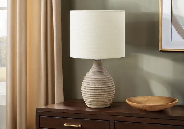 Monarch Specialties Lighting, Elegant 17” Table Lamp with Ribbed Resin Base and Soft Fabric Shade for Cozy Ambiance BROWN,IVORY 9.5 L x 9.5 W x 16.5 H 
