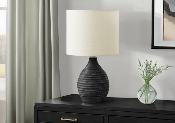 Monarch Specialties Lighting, Elegant 17” Table Lamp with Ribbed Resin Base and Soft Fabric Shade for Cozy Ambiance GREY,IVORY 9.5 L x 9.5 W x 16.5 H 