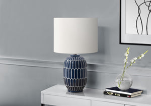Monarch Specialties Lighting, 22" Geometric Table Lamp with Chic Ceramic Base and Soft Fabric Shade for Modern Spaces BLUE,IVORY 13 L x 13 W x 22.25 H 