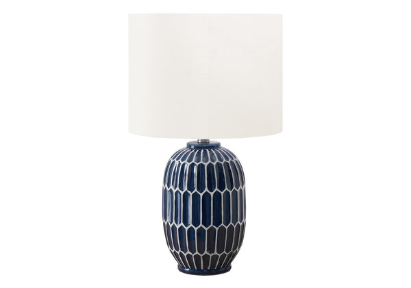 Monarch Specialties Lighting, 22" Geometric Table Lamp with Chic Ceramic Base and Soft Fabric Shade for Modern Spaces BLUE,IVORY 13 L x 13 W x 22.25 H 