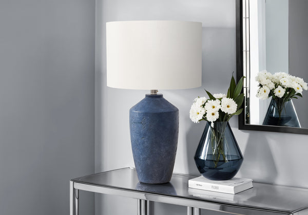 Monarch Specialties Lighting, 25" Modern Table Lamp with Concrete Base and Soft Fabric Shade for Elegant Home Decor BLUE,IVORY 15 L x 15 W x 25 H 