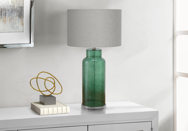 Monarch Specialties Lighting, 28" Decorative Table Lamp with Textured Glass Base and Chic Fabric Shade for Modern Style GREEN,GREY 15 L x 15 W x 28 H 