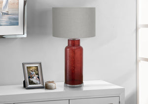 Monarch Specialties Lighting, 28" Decorative Table Lamp with Textured Glass Base and Chic Fabric Shade for Modern Style RED,GREY 15 L x 15 W x 28 H 