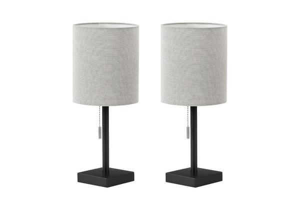 Monarch Specialties Lighting, Set of 2 Black Metal USB Charging Table Lamps with Grey Drum Shades Black / Grey I 9960