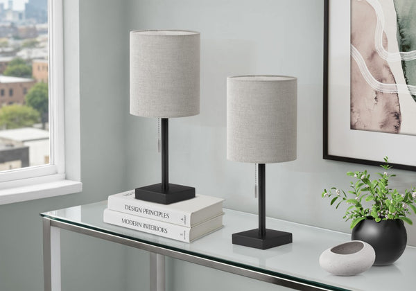 Monarch Specialties Lighting, Set of 2 Black Metal USB Charging Table Lamps with Grey Drum Shades Black / Grey I 9960