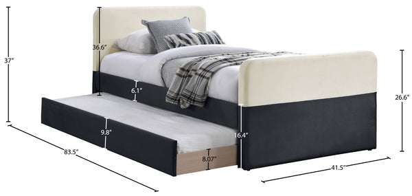 Meridian Furniture Ivy Velvet Twin Bed with Rolling Trundle Two-tone Upholstered Frame for Youth Rooms Black IvyBlack-T