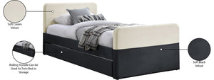 Meridian Furniture Ivy Velvet Twin Bed with Rolling Trundle Two-tone Upholstered Frame for Youth Rooms Black IvyBlack-T