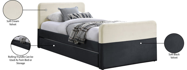 Meridian Furniture Ivy Velvet Twin Bed with Rolling Trundle Two-tone Upholstered Frame for Youth Rooms Black IvyBlack-T