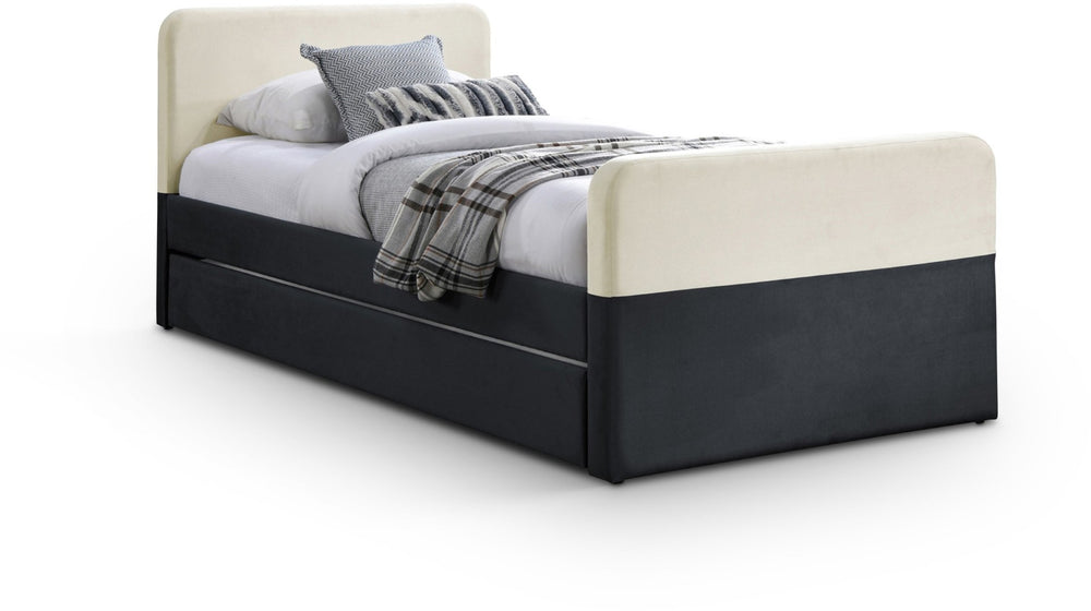 Meridian Furniture Ivy Velvet Twin Bed with Rolling Trundle Two-tone Upholstered Frame for Youth Rooms Black IvyBlack-T