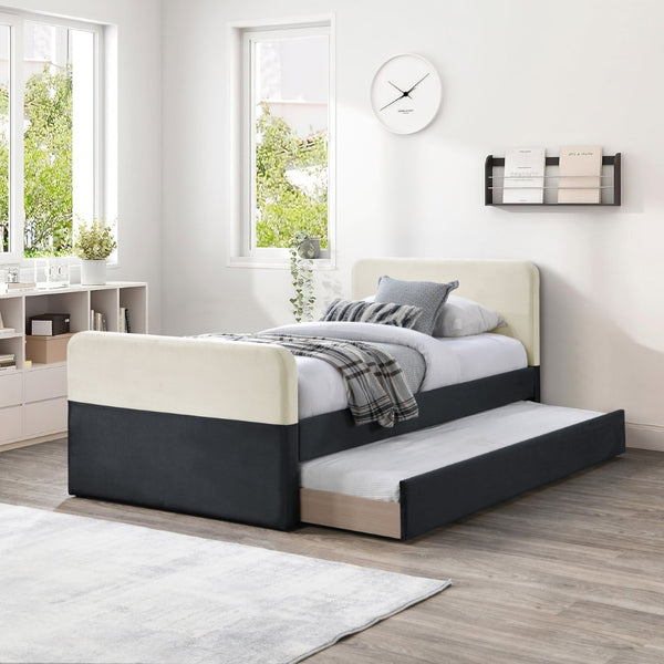 Meridian Furniture Ivy Velvet Twin Bed with Rolling Trundle Two-tone Upholstered Frame for Youth Rooms Black IvyBlack-T