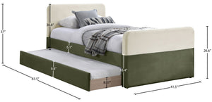 Meridian Furniture Ivy Velvet Twin Bed with Rolling Trundle Two-tone Upholstered Frame for Youth Rooms Olive IvyGreen-T