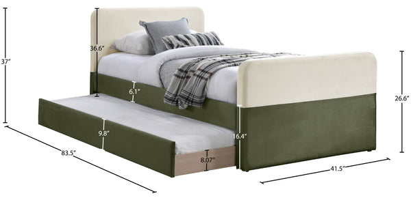Meridian Furniture Ivy Velvet Twin Bed with Rolling Trundle Two-tone Upholstered Frame for Youth Rooms Olive IvyGreen-T