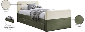 Meridian Furniture Ivy Velvet Twin Bed with Rolling Trundle Two-tone Upholstered Frame for Youth Rooms Olive IvyGreen-T
