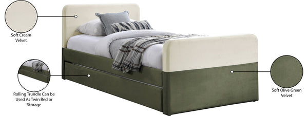 Meridian Furniture Ivy Velvet Twin Bed with Rolling Trundle Two-tone Upholstered Frame for Youth Rooms Olive IvyGreen-T