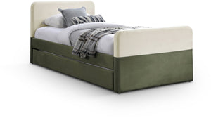 Meridian Furniture Ivy Velvet Twin Bed with Rolling Trundle Two-tone Upholstered Frame for Youth Rooms Olive IvyGreen-T