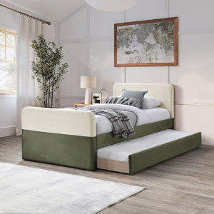 Meridian Furniture Ivy Velvet Twin Bed with Rolling Trundle Two-tone Upholstered Frame for Youth Rooms Olive IvyGreen-T