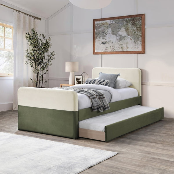Meridian Furniture Ivy Velvet Twin Bed with Rolling Trundle Two-tone Upholstered Frame for Youth Rooms Olive IvyGreen-T