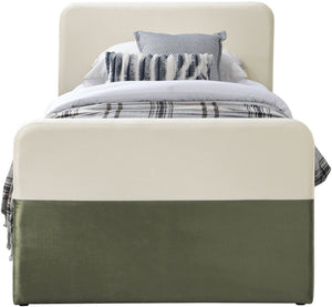 Meridian Furniture Ivy Velvet Twin Bed with Rolling Trundle Two-tone Upholstered Frame for Youth Rooms Olive IvyGreen-T