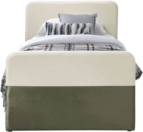 Meridian Furniture Ivy Velvet Twin Bed with Rolling Trundle Two-tone Upholstered Frame for Youth Rooms Olive IvyGreen-T
