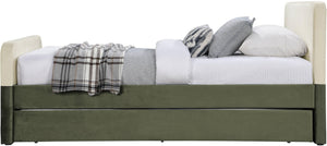 Meridian Furniture Ivy Velvet Twin Bed with Rolling Trundle Two-tone Upholstered Frame for Youth Rooms Olive IvyGreen-T