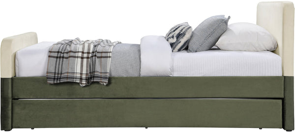 Meridian Furniture Ivy Velvet Twin Bed with Rolling Trundle Two-tone Upholstered Frame for Youth Rooms Olive IvyGreen-T