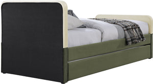 Meridian Furniture Ivy Velvet Twin Bed with Rolling Trundle Two-tone Upholstered Frame for Youth Rooms Olive IvyGreen-T