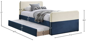 Meridian Furniture Ivy Velvet Twin Bed with Rolling Trundle Two-tone Upholstered Frame for Youth Rooms Navy IvyNavy-T