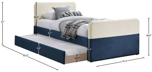 Meridian Furniture Ivy Velvet Twin Bed with Rolling Trundle Two-tone Upholstered Frame for Youth Rooms Navy IvyNavy-T